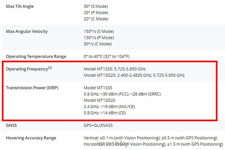在 Mavic Mini 產品規格頁面中，MT1SS5 型號顯示只支援 5 GHz 頻段通訊